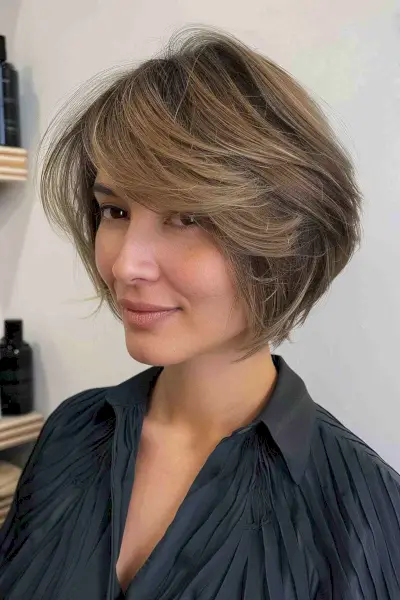 Short bob haircut with feathered layers and side-swept fringe, featuring subtle highlights