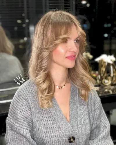 70s middle part feathered hair with fringe