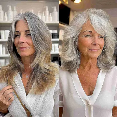 Elegant mid-length silver to blonde balayage with feathered layers for mature women