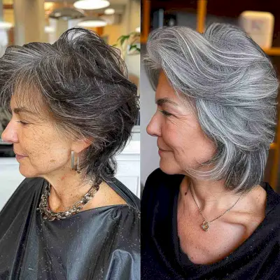 Salt and Pepper Feathered Cut Makeover