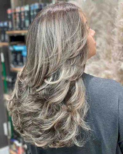 grey and blonde long feathered hair