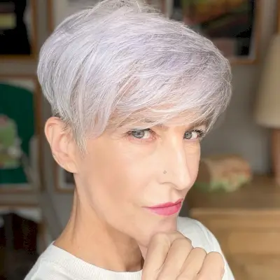 Silver pixie with bangs for 50 plus women with fine hair