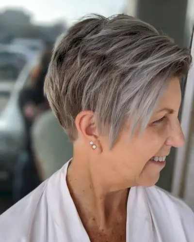 Short sliced cut for older women with fine hair