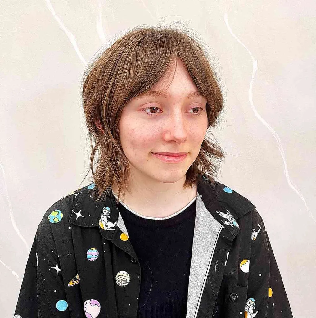 Mulet hirsute jusqu'au cou avec frange en rideau pour cheveux fins' title=