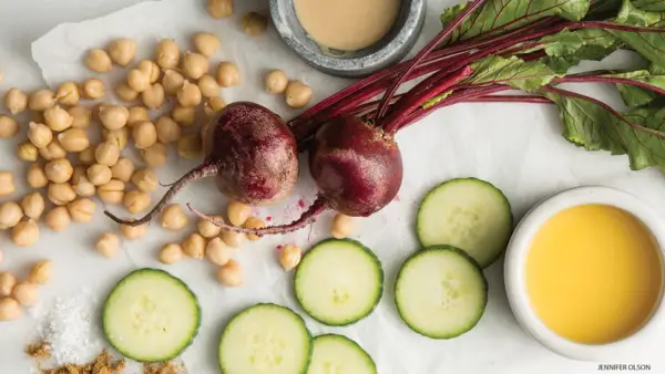 cucumbers, beets, chickpeas, nourish