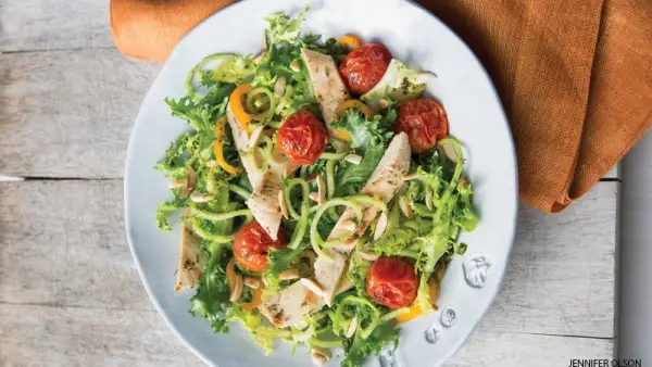 Grilled chicken Salad with Burst Tomatoes, Spiralized Broccoli, and Pesto Vinaigrette