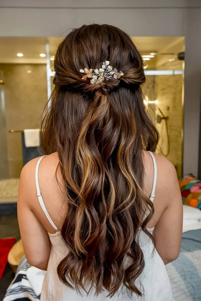 Voľné napoly nahor polodlhé vlny s karamelovými odleskami a spleteným zákrutom pre jemný glam vzhľad' title=