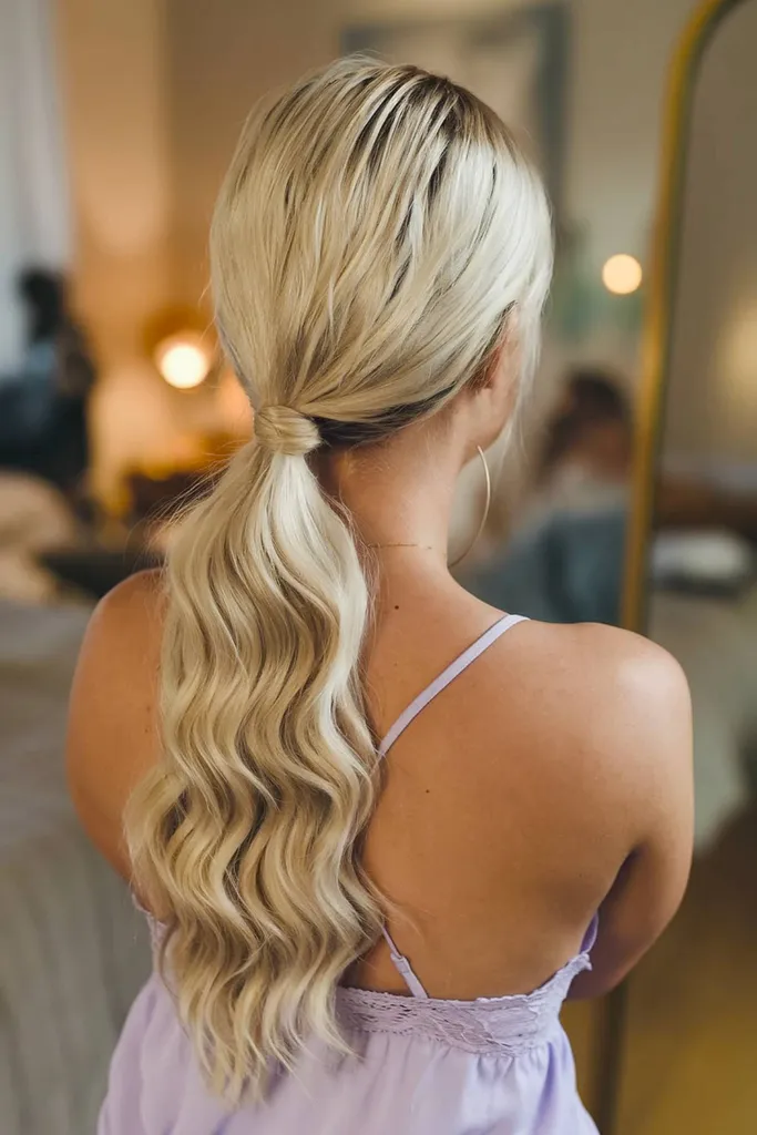 Štýlový nízky cop s jemnými vlnami a obtiahnutou sponou do vlasov, v ktorej sa spája ležérna elegancia s pôvabom' title=