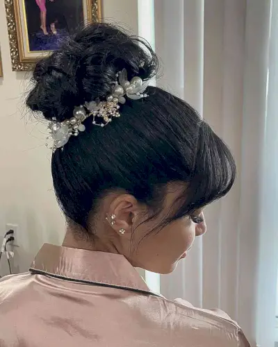 Bridal Sleek Bun Updo with Hair Accessories and Fringe