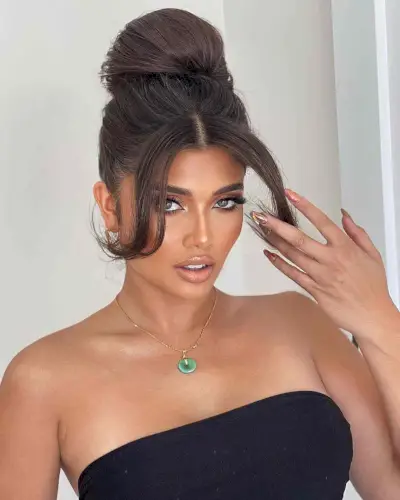 Elegant High Bun Updo with Middle-Parted Bangs