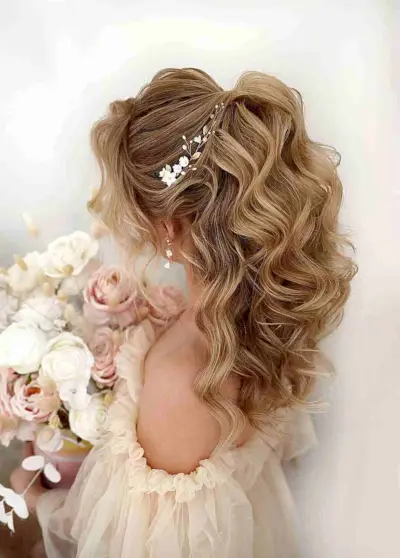 A bouffant half updo angle