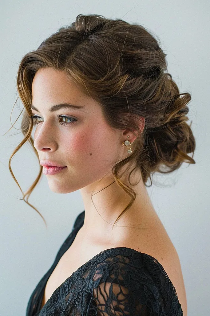 Svatební nízké updo pro družičky s kadeřemi' title=