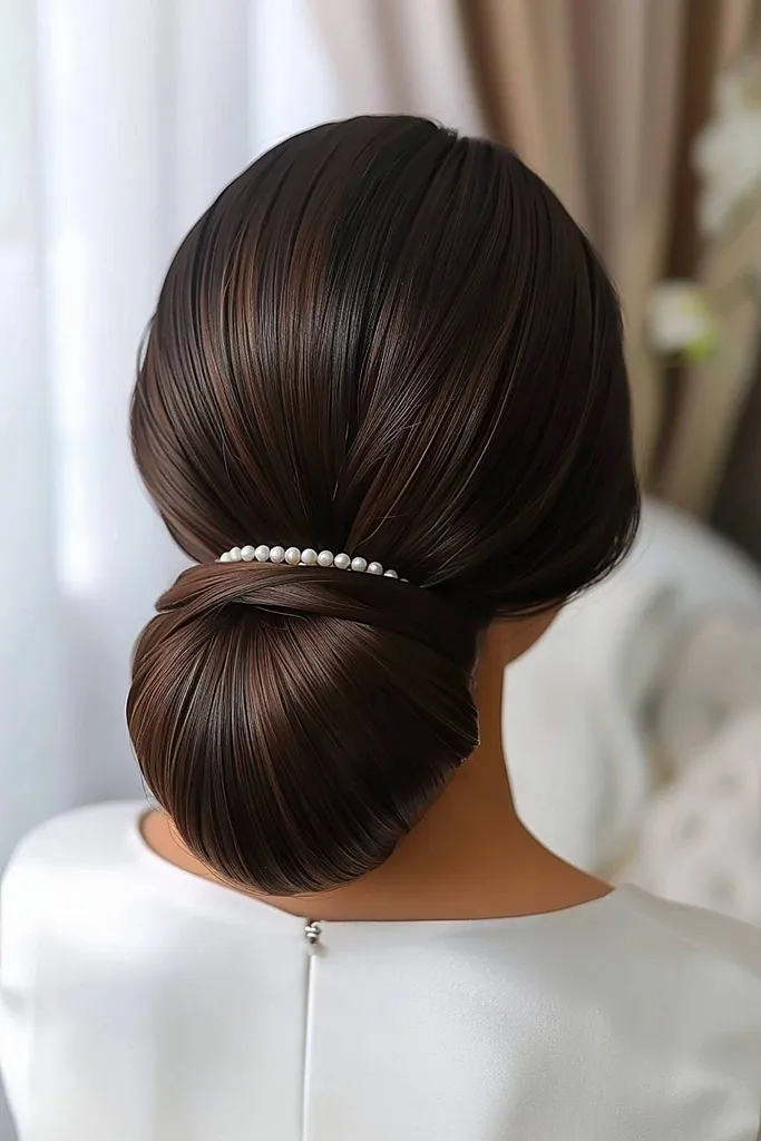Updo Pearldrop Knot s elegantním nízkým drdolem a perleťovými akcenty' title=