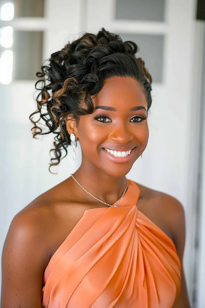 顔を縁取るカールを持つ自然な巻き毛のブライズメイド アップヘア' title=