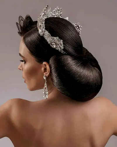 Royalty-Inspired Princess Updo and crown accessories for women with long dark hair