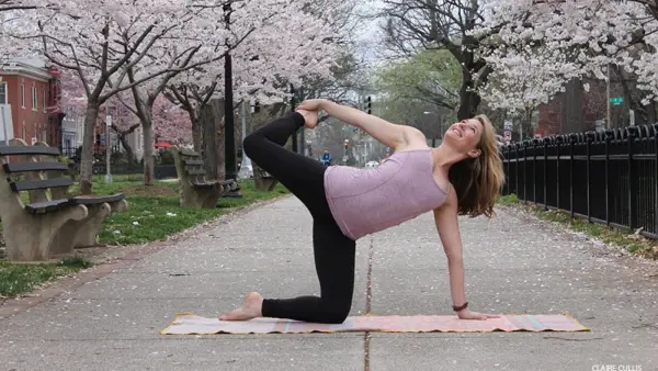 Leah Cullis performs Modified Side Plank, Bow Variation.