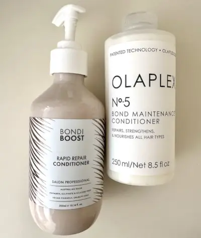 Bondi Boost Rapid Repair Conditioner og Olaplex No. 5 Bond Maintenance Conditioner.