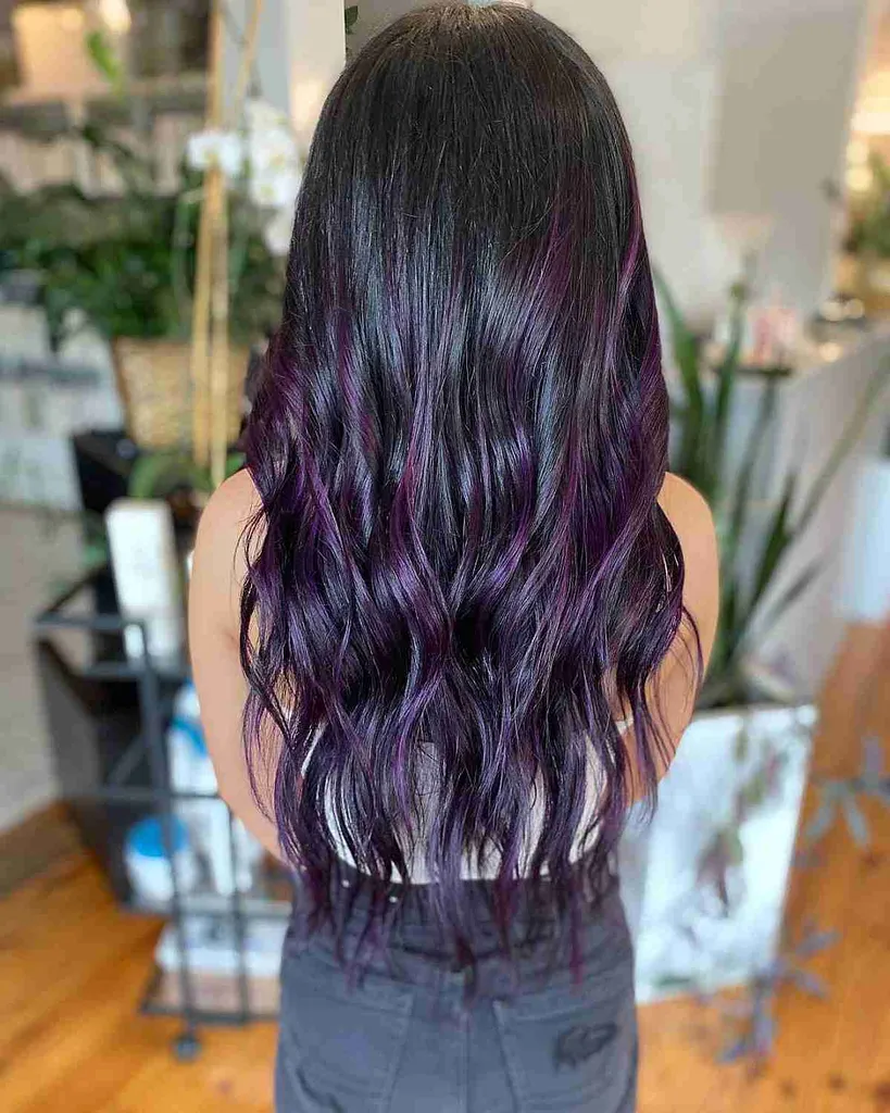 Balayage violet violet întunecat evidențiază părul negru' title=