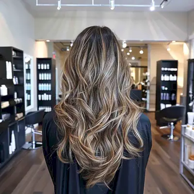 Dark brown hair with blonde highlights and lowlights