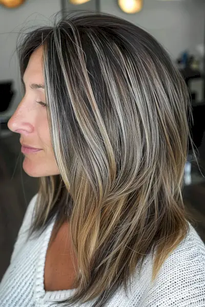 Gorgeous blonde balayage highlights on medium-length dark brown hair