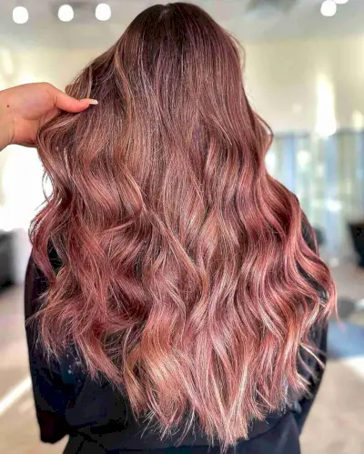 Burgundy Rose Gold Balayage Wavy Hair