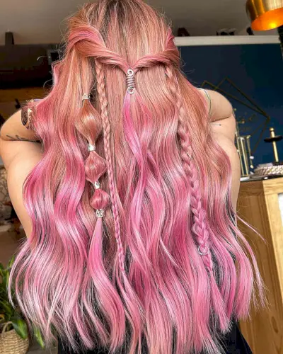 Blush-Inspired Rose Gold Balayage with intricate braids