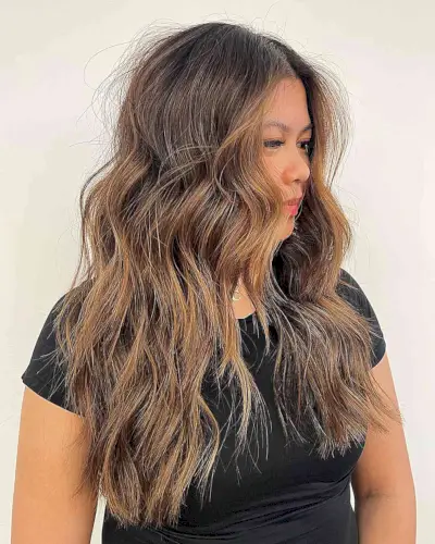 Chest-length Choppy Layers and Espresso Bronde Balayage Color