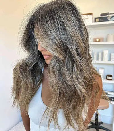 Honey Brown Muted Bronde Balayage Highlights on Long Dark hair