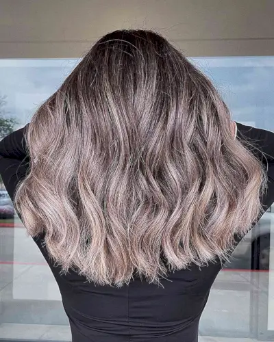 Cool Smoky Brown-Blonde Balayage with Dark Roots for Medium Thick Hair