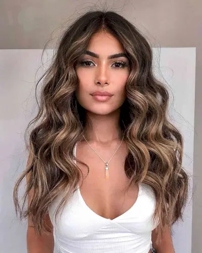 Long Wavy Dark Bronde Balayage Hair with Beige Brown Highlights