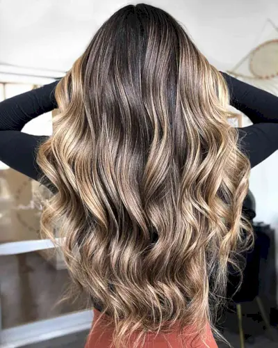 Blonde and Brown Balayage Highlights on Very Long Black Hair