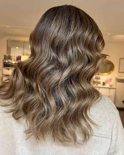 Mid-Length Waves with Dark Bronde Balayage Tones