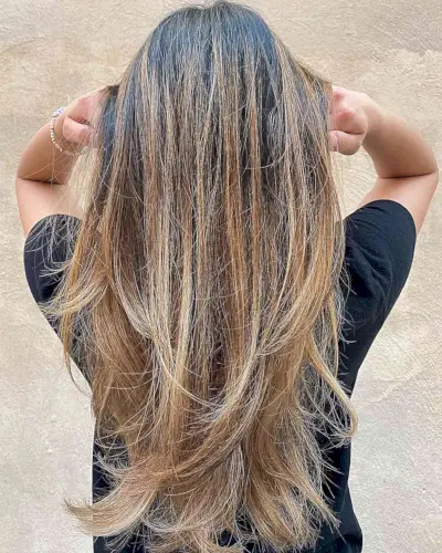 Caramel Bronde Balayage with Dark Roots for Long-Length Layered Hair