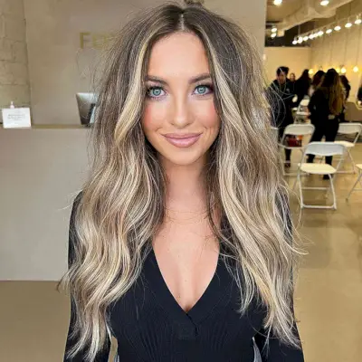 Long-Length Tousled Brown Hair with Blonde Money Piece Bronde Balayage