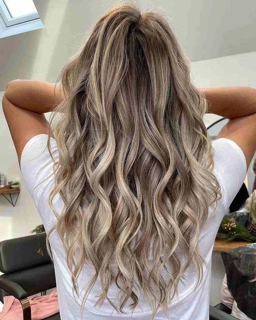 Balayage reverso loiro bege com raízes escuras' title=