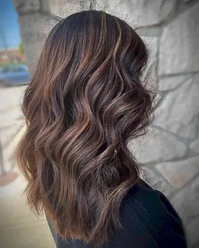 Medium-Length Caramel Latte Balayage Black Hair with Beach Waves
