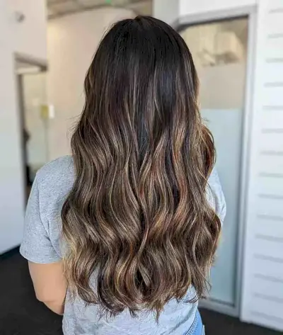 Sun-Kissed Caramel Balayage on Long Black Hair