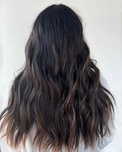 Longer Dark Black Hair with Lived-in Dark Caramel Balayage Shade