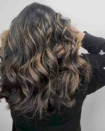 Mid-Long Dark Black Hair with Bright Caramel Balayage Highlights