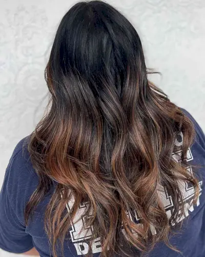 Low-Maintenance Dimensional Caramel Balayage for Long Black Tresses