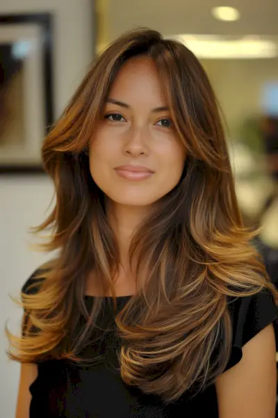 Woman with medium brown hair and caramel highlights