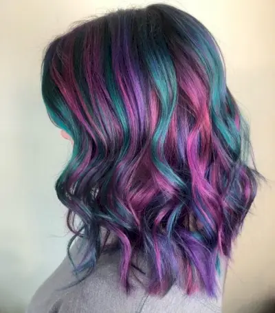 Peacock Hair Color with Shades of Purple and Teal Blue