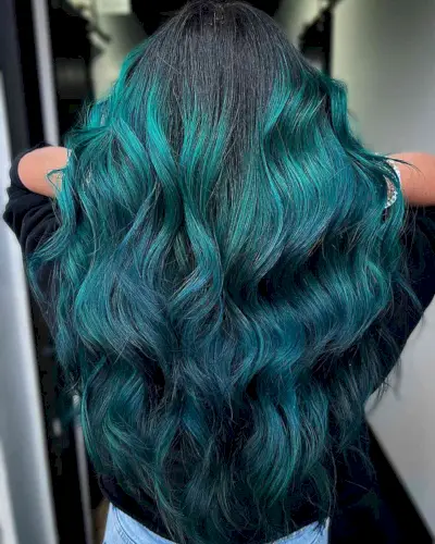 Black to Teal Color Melt Hair for ladies with long wavy hair