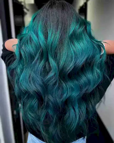 Teal Balayage on long wavy hair