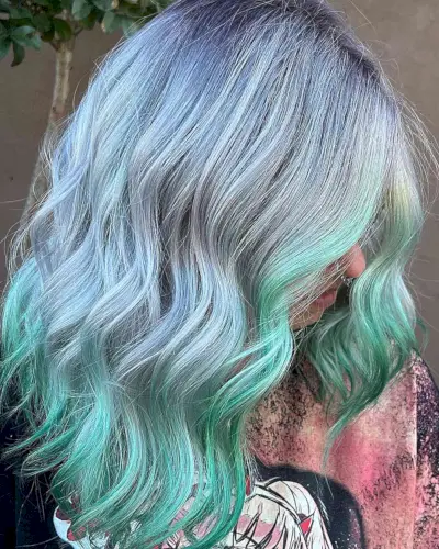 Pastel Light Blue with Green Dip Dye on Medium Hair