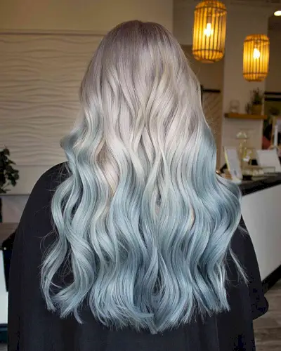 Platinum Silver to Icy Pastel Blue Ombre for Long Wavy Hair