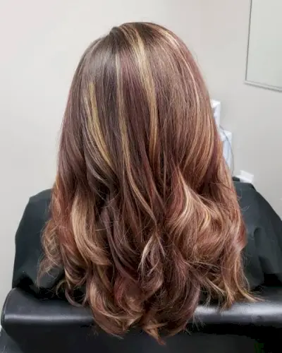 Warm Ash Brown Hair With Maroon Highlights