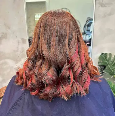 Raspberry Highlights on Copper Brown Hair