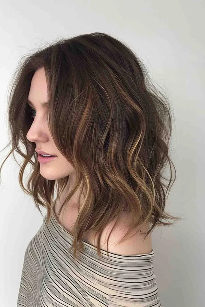 Cabelo ondulado de comprimento médio com mechas Balayage' title=