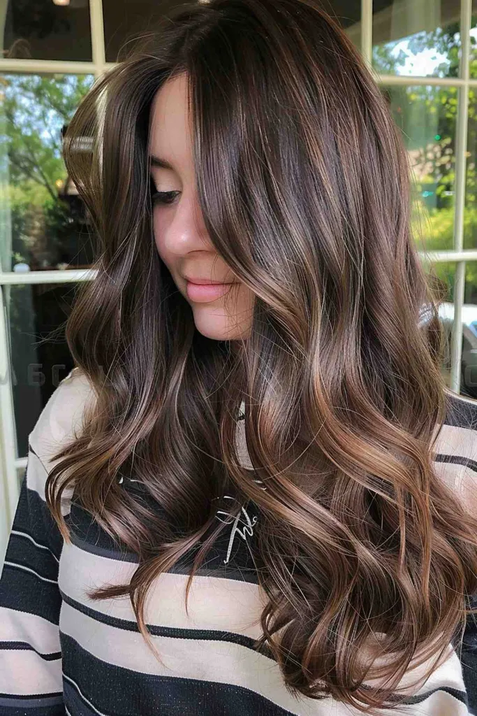 Mulher jovem com cabelos morenos em camadas e destaques na moldura do rosto' title=